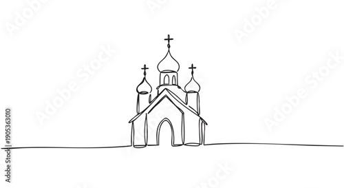 Continuous single line drawing of an Orthodox church with onion domes and crosses, rendered in a minimalist black and white style for a clean and elegant artistic design