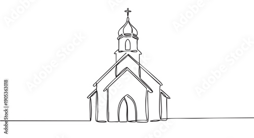 Continuous single line drawing of a church with a steeple and cross on top, showcasing a minimalist architectural sketch of a religious building in an elegant, simple style