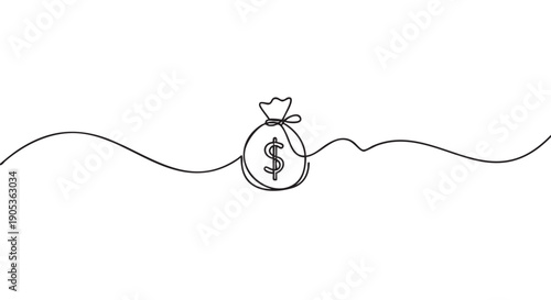 Continuous one line drawing of a money bag with a dollar sign symbol creates a simple, minimalist illustration for concepts of finance, wealth, investment, and economic growth