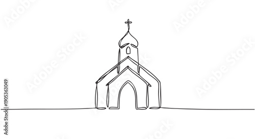 Continuous single line drawing of a church building with a cross on the steeple, rendered in a minimalist black and white style for a modern and spiritual concept