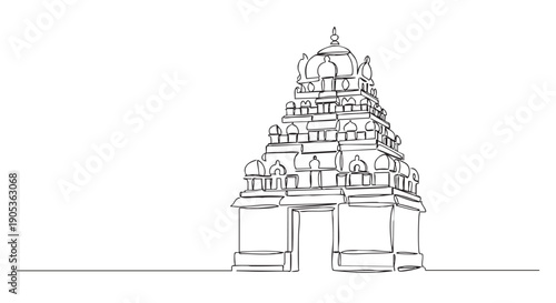 Continuous one line drawing of a Hindu temple gopuram tower with ornate architectural details in a minimalist black and white sketch style for spiritual and cultural concepts