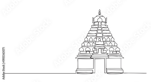 Continuous single line drawing of a Hindu temple gopuram with ornate architectural details, rendered in a minimalist black and white style for a clean and elegant look