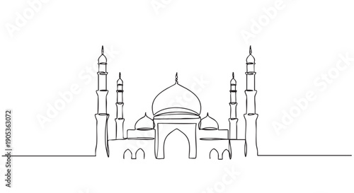 Mosque one line drawing in a minimalist style, a continuous black line art illustration of an Islamic religious building with elegant domes and minarets for worship