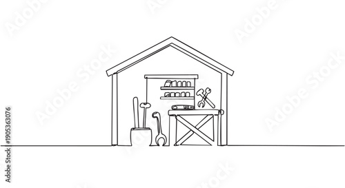 Garage workshop shed with various tools, a workbench, and shelving is rendered in a simple, minimalist, continuous single line drawing art style
