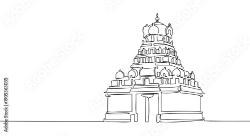 Hindu temple gopuram in a continuous one-line drawing style showcases elegant Dravidian architecture with a minimalist and modern artistic interpretation