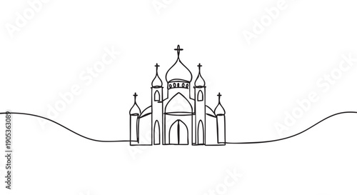 Orthodox church with onion domes and crosses drawn in a continuous single line, creating a minimalist and elegant black and white graphic illustration of a religious building