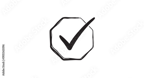 Hand-drawn black check mark icon inside a sketchy octagonal frame, a minimalist doodle symbolizing approval, success, confirmation, and task completion