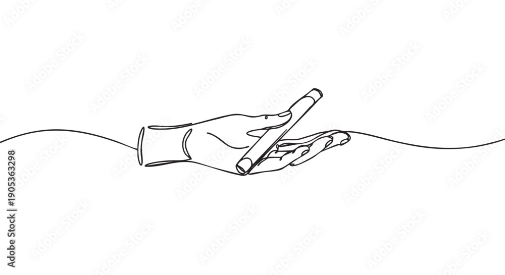 Obraz premium Continuous single line drawing of a hand holding a smartphone, a minimalist black and white sketch representing modern communication, technology, and elegant simplicity