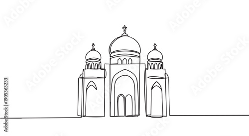 Orthodox church with three onion domes drawn in a continuous single line, a minimalist black and white graphic illustration representing faith, religion, and architecture