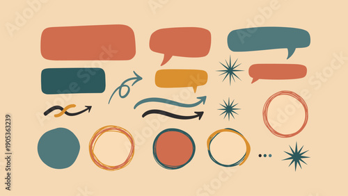 Muted Abstract Hand Drawn Shapes and Speech Bubbles on Beige Background