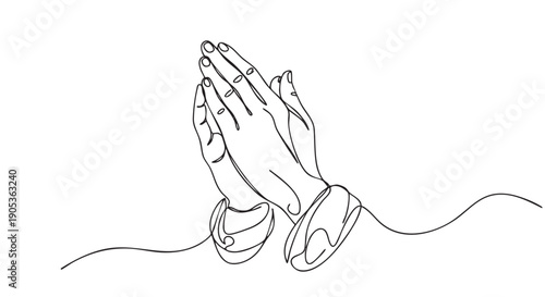 Praying hands drawn in a continuous one line art style showing a gesture of faith, hope, and gratitude in a minimalist black and white illustration