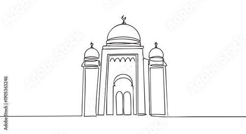Continuous single line drawing of a mosque with domes and minarets, a minimalist illustration of Islamic architecture for Ramadan or Eid celebrations, a simple black and white sketch