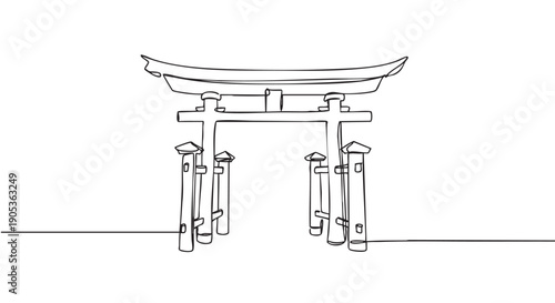 Traditional Japanese Torii gate drawn in a continuous single line style, showcasing minimalist black and white artwork of the iconic Shinto shrine entrance landmark