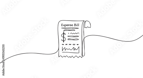 Single continuous line drawing of an expense bill receipt with a dollar sign, representing financial concepts like budgeting, accounting, and payment in a minimalist style