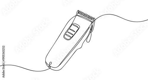 Electric hair clipper drawn in a continuous single line art style, a minimalist black and white illustration of a barber tool for haircutting and personal grooming