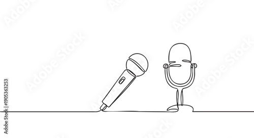 Two microphones drawn in a single continuous line art style, featuring a modern handheld mic and a retro studio microphone for podcasting, broadcasting, or music recording concepts