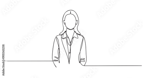 Continuous single line drawing of a businesswoman with shoulder-length hair wearing a professional collared shirt, rendered in a minimalist, abstract black and white artistic style