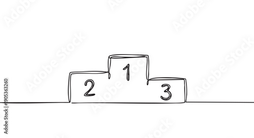Winners' podium with first, second, and third places drawn in a continuous single line art style, a minimalist illustration representing achievement and success