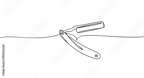 Single continuous line drawing of a classic straight razor, a vintage barber tool for shaving, depicted in a minimalist black and white graphic illustration style