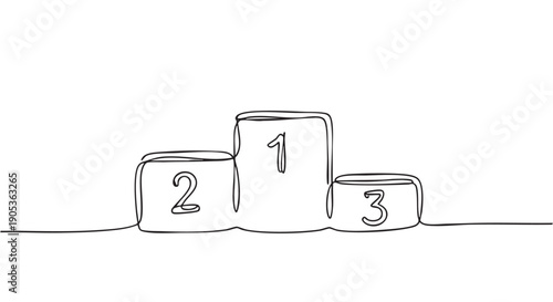 Winners' podium with first, second, and third places drawn in a continuous single line art style, representing competition, success, and achievement in a minimalist illustration