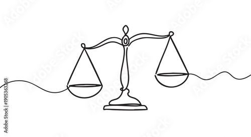 Scales of justice drawn in a single continuous black line, a minimalist and elegant illustration representing law, balance, and legal concepts in a modern artistic style