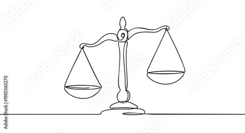 Scales of justice drawn with a single continuous line in a minimalist black and white style, symbolizing law, balance, fairness, and the legal system in an elegant illustration