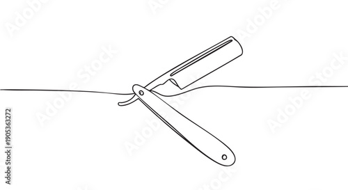 Straight razor drawn in a continuous single black line art style, showcasing the classic barber tool with its open blade and handle in a minimalist, elegant illustration