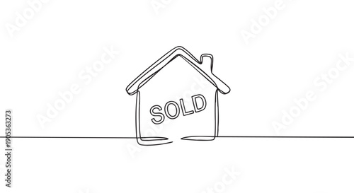 Single continuous line drawing of a house with the word SOLD inside, representing a successful real estate transaction and the concept of home ownership in a minimalist style