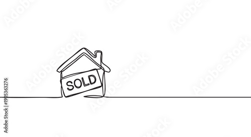 Continuous one-line drawing of a house with a sold sign represents a successful real estate transaction and property ownership in a minimalist black and white sketch style