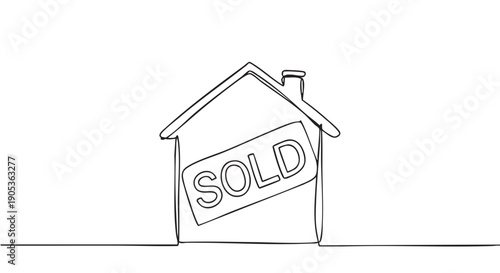 Sold house with a chimney drawn in a single continuous line, a minimalist black and white illustration symbolizing a real estate deal, home ownership, and mortgage approval