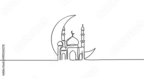 Single line drawing of a mosque and crescent moon in a minimalist artistic style, a simple and elegant illustration for Islamic holidays like Ramadan or Eid