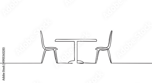 Two empty chairs facing each other across a small table, a minimalist continuous one-line drawing illustration representing a conversation, meeting, or interview