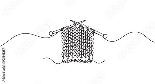 Continuous line drawing of knitting needles with a piece of knitted fabric and flowing yarn, rendered in a minimalist black and white style