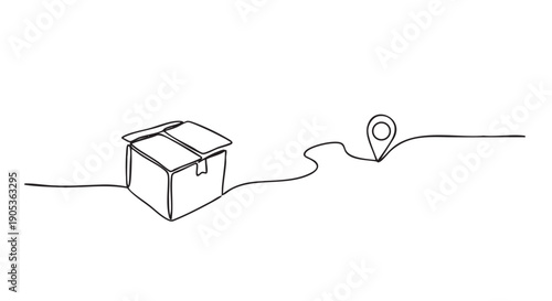 Continuous line drawing of a parcel box connected to a destination pin, illustrating shipping, delivery tracking, and logistics in a minimalist hand-drawn artistic style