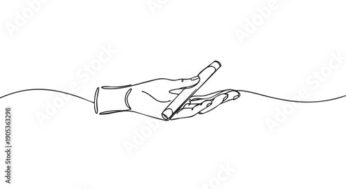 Continuous single line drawing of a hand holding a smartphone, a minimalist black and white sketch representing modern communication, technology, and elegant simplicity
