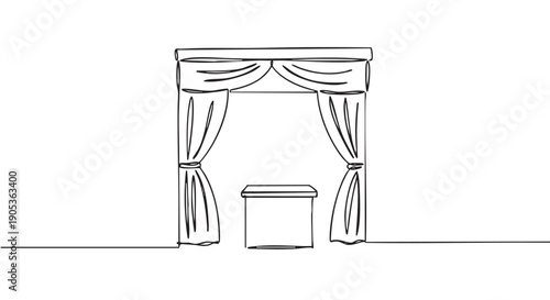 Minimalist continuous line drawing of a stage with elegant draped curtains tied back, featuring a simple podium in the center, rendered with a clean, artistic style