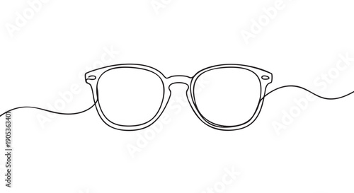 Stylish continuous line drawing of eyeglasses, rendered with a single flowing black stroke, creating a minimalist and elegant illustration on a bright surface
