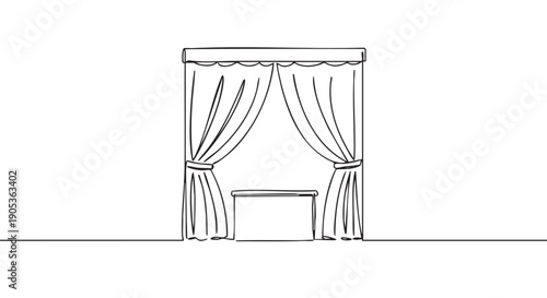 Simple continuous line drawing of a window with elegant tied-back curtains and a small table underneath, rendered in a minimalist artistic style