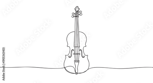 Minimalist continuous line art violin drawing with delicate details, showcasing the elegant form of the string instrument in a clean, artistic style