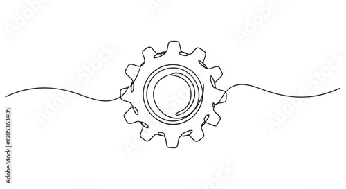 Single continuous line art gear is elegantly drawn in black on a clean white field, symbolizing connection, process, and intricate mechanical systems with a minimalist aesthetic