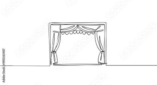 Black and white single line art of a theatrical stage curtain in a minimalist, continuous drawing style for performance and entertainment concepts