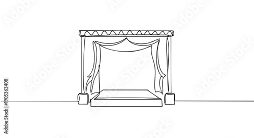 Minimalist continuous line drawing of a stage with elegant draped curtains and a raised platform, rendered in a clean, artistic, and simple graphic style