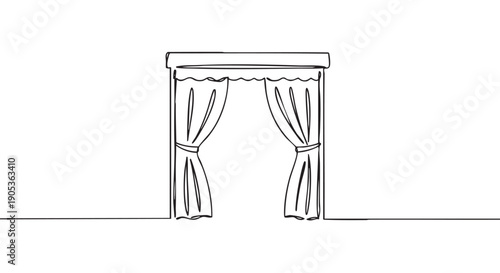 Minimalist continuous line drawing of a doorway with elegant curtains tied back, showcasing a simple artistic style and clean aesthetic
