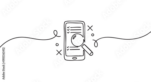 Simple hand-drawn black outline smartphone displaying a checklist with a magnifying glass over its screen, surrounded by decorative elements, illustrating mobile search and data analysis
