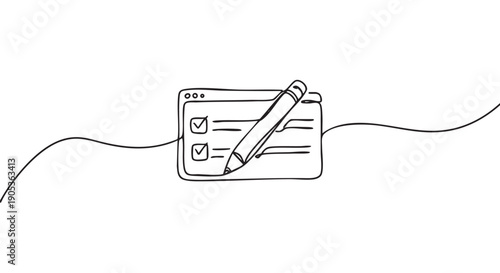 Continuous line art illustration of a web browser window with a checklist and a pencil, depicting task completion in a minimalist doodle style