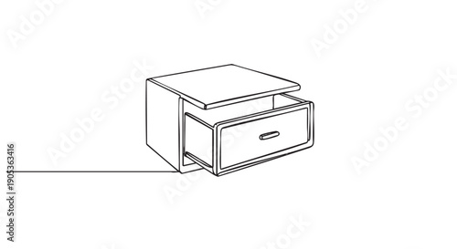 Modern minimalist nightstand with an open drawer is depicted in a continuous single line art style, creating a clean and elegant illustration