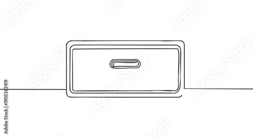 Minimalist single line art drawing of a rectangular drawer with a simple handle, rendered in a continuous black outline on a bright field, conveying simplicity and modern design