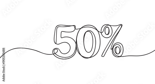 Fifty percent number graphic drawn in a continuous single line style, presenting a minimalist and modern illustration with clean black lines