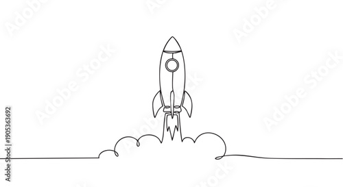 Continuous line drawing of a rocket launching upwards with smoke plumes, symbolizing new beginnings, innovation, and successful business startup concepts in a minimalist style