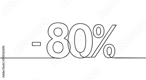 Minimalist continuous line art drawing of minus eighty percent, featuring a sleek black outline forming the discount symbol with a horizontal line extending across